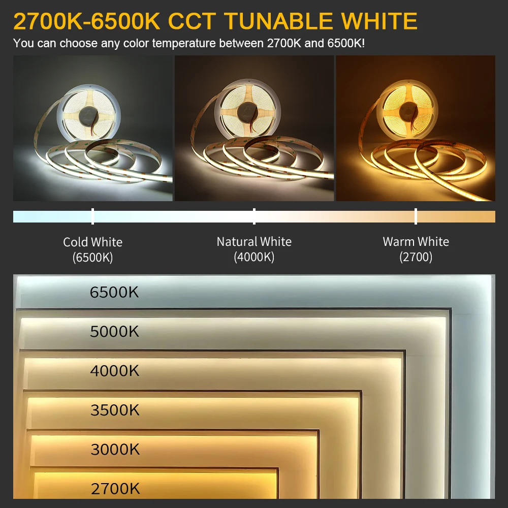 Striscia LED COB CCT 5m - Bianco Sintonizzabile 2700K-6500K - Alimentatore E Controller Tuya Inclusi - Dimmerabile WiFi Alexa