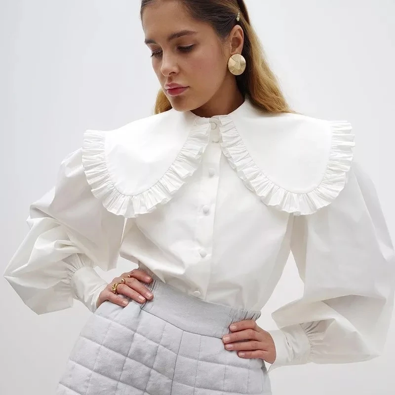 Vintage Ruffle White Women Blouse Peter Pan Collar Cotton Button Up Shirt Women Tops 2022 Fashion Loose Puff Sleeve Shirts 18738