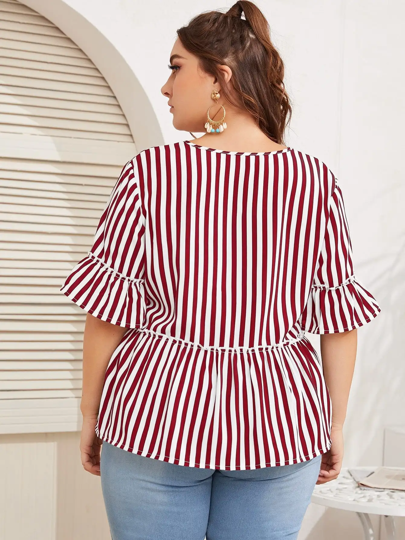 Finjani Plus Size ColorBlock Striped Print Blouses For Women 2022 Summer Frill Ruffle Hem Tee