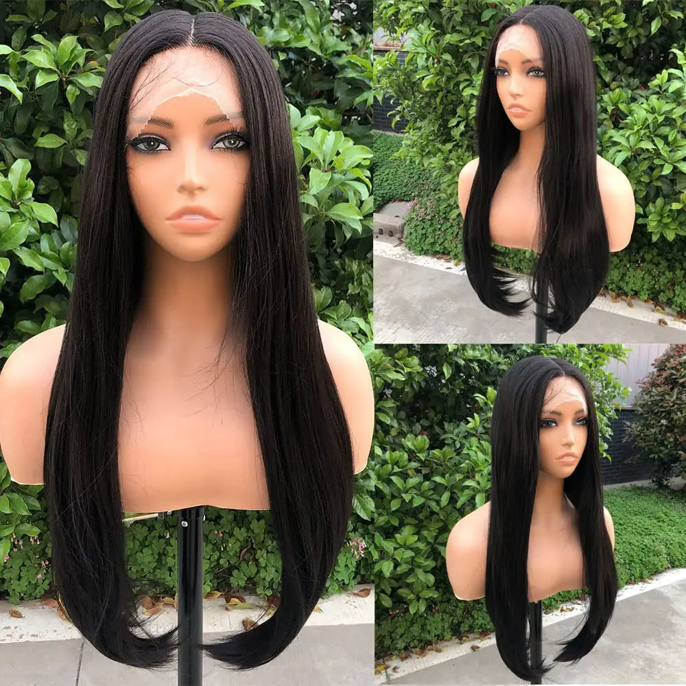 

Женские парики с синтетическими кружевами спереди, черные прямые волосы, бесклеевые парики на сетке, Синтетические длинные шелковые прямые натуральные парики для женщин