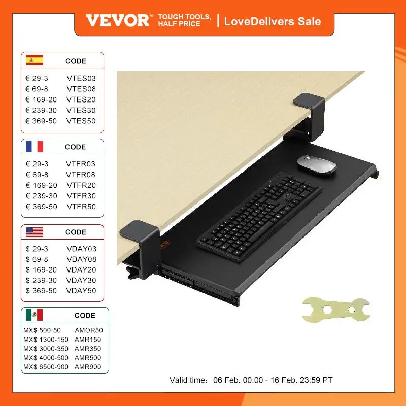 VEVOR-bandeja de teclado Universal ergonómica, bandeja deslizante de entrada y salida para debajo del escritorio, sin perforación, abrazaderas en C resistentes, fácil de instalar, 26,8 pulgadas