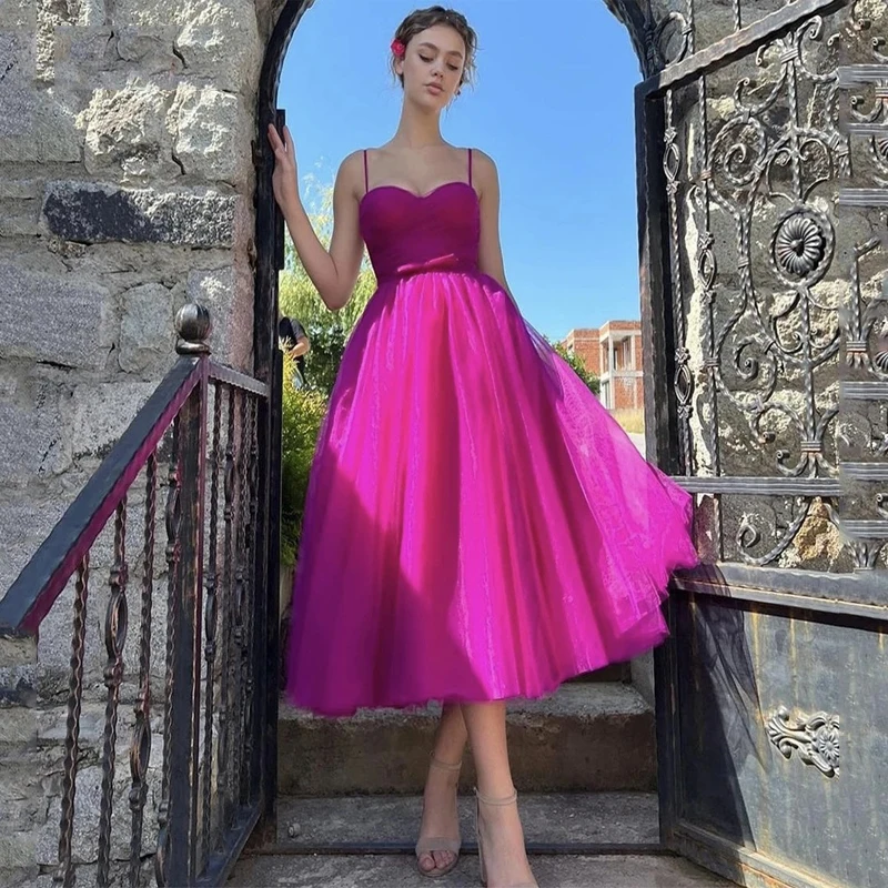 

Sleeveless Spaghetti Straps Party Tulle Prom Gown Sweetheart Pleated Tea-Length A-Line Mini Homecoming Dressفساتين السهرة