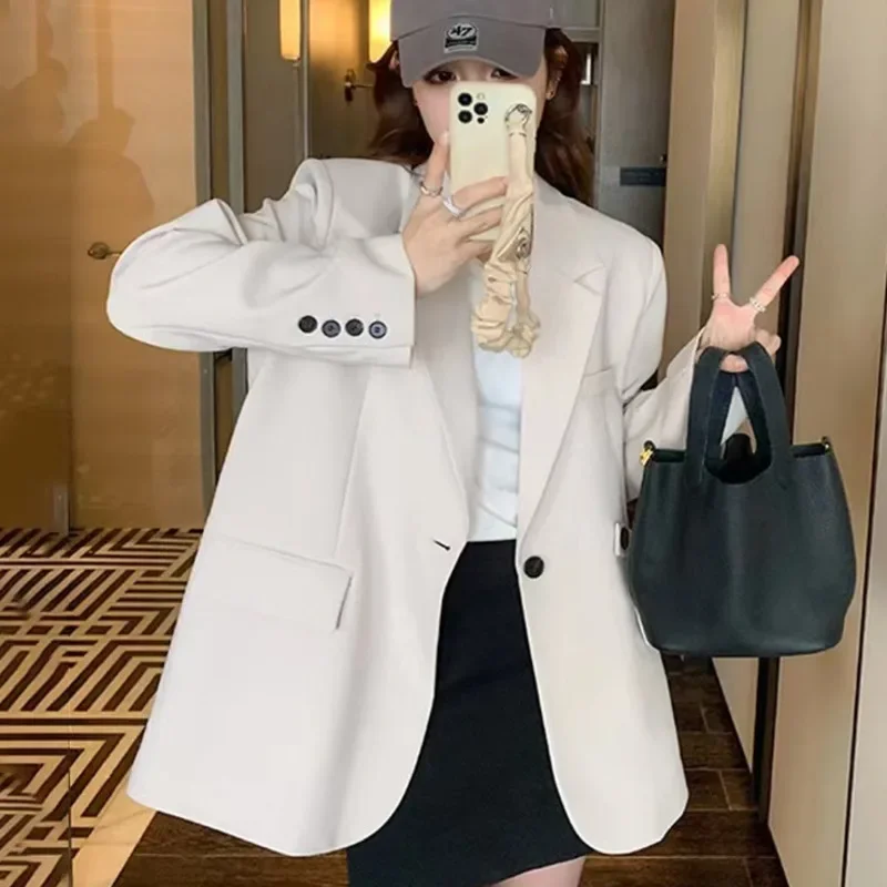 Fashion Women's Blazer Jacket Beige Design Sense Back Split Outerwear Spring 2024 New Korean Loose Long Sleeve Suit Coat Female