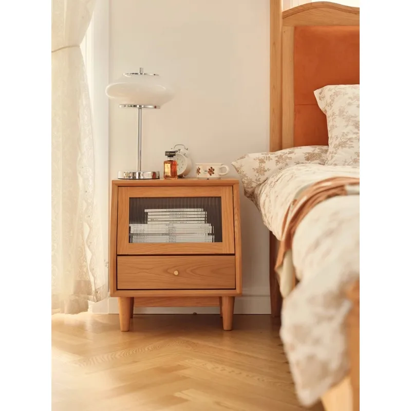 

Nordic solid wood bedside table glass door rattan woven small cherry wood retro modern minimalist bedroom storage bedside table