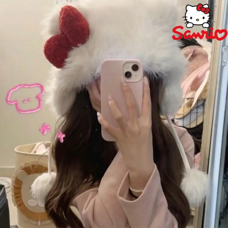 

Y2K кавайная Женская плюшевая шапка Hellokitty осенне-зимняя Милая теплая Милая уличная шапка с героями мультфильмов для девушек для езды на холоде подарок для девочек