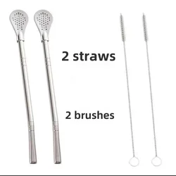 Detachable Stainless Steel Reusable Drinking Straw & Spoon with Cleaning Brush (Silver)