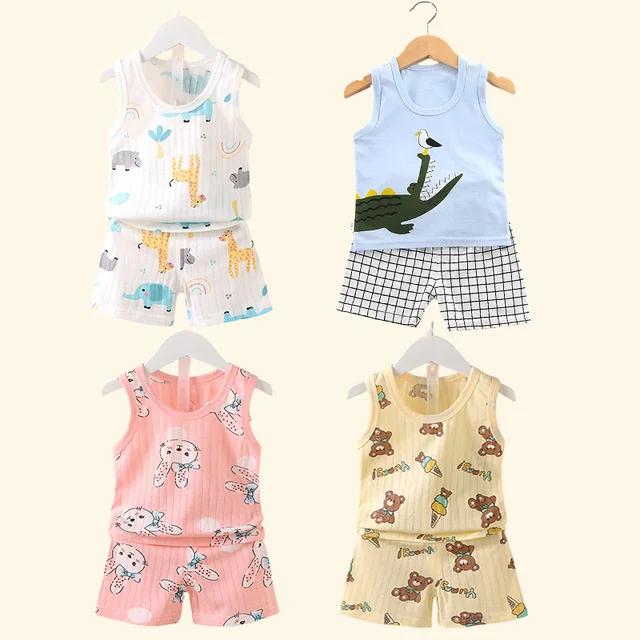 Rocklon Children's Clothing Print Sleeveless Tops Shorts Cute Breathable Kids Summer Vest Shorts Set Tank Top for Baby Clothing Children