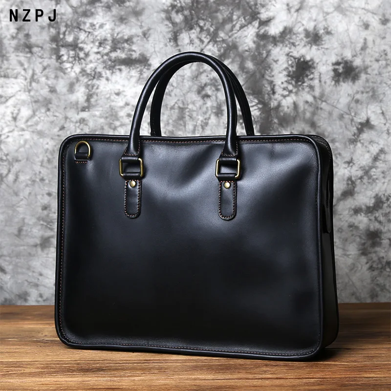 NZPJ Men's Briefcase Leather Handbag Retro Top Layer Cowhide Laptop Bag Crazy Horse Leather Shoulder Messenger Bag Luxury Bag