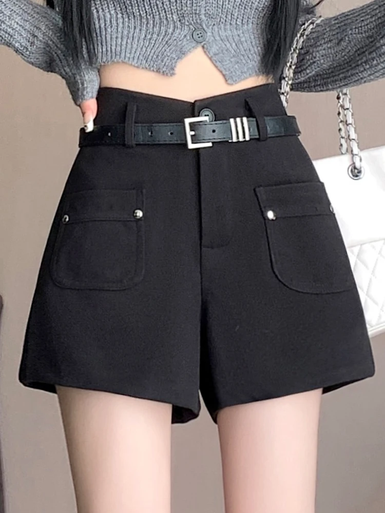 QOERLIN Stylish Woolen Boost Shorts Women Winter Autumn High Waist A-Line Wide Leg Loose Casual Black Shorts Pocket Fashion 2024