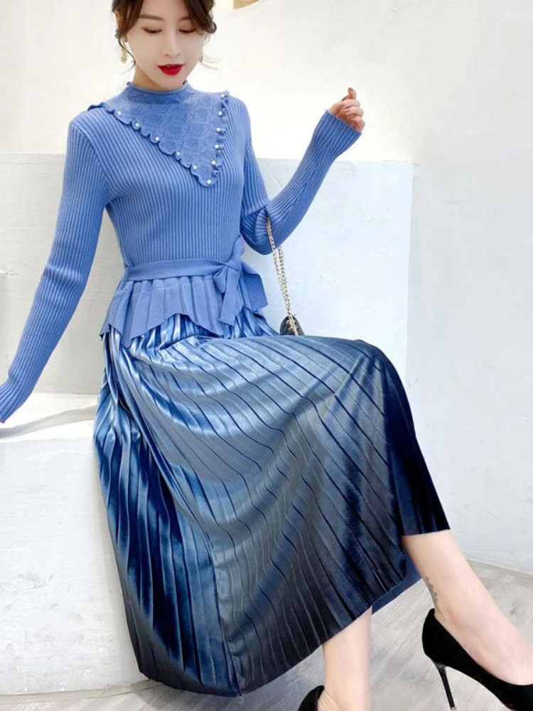 

Spring Autumn 2022 new turtle neck long sleeve cultivate one's temperament sweater Velvet Patchwork knitting knee-length dress