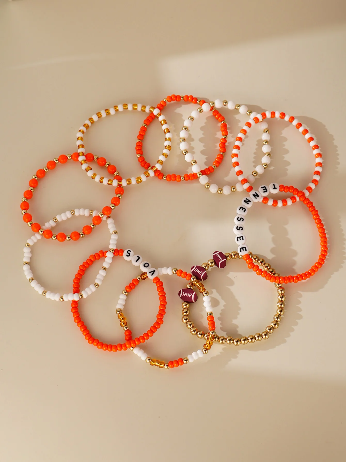 Bohemian Orange Bead Rugby Design Stacked Bracelet Set