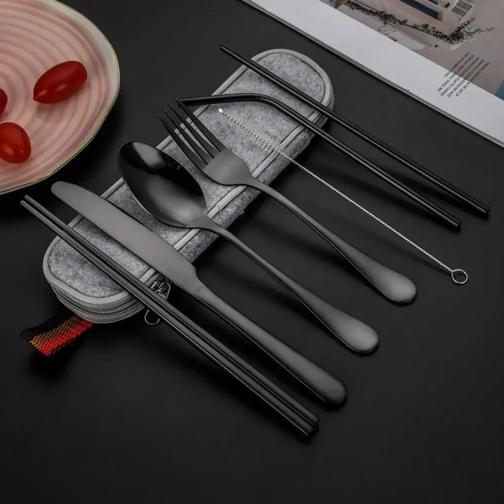 7Pcs/set Creative Knife Fork Spoon Chopsticks Travel Straw Combo Set Stainless Steel Cutlery Portable Reusable