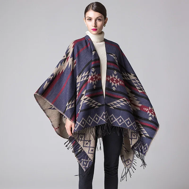 

Geometric Diamond Tassel Imitation Cashmere Autumn Winter National Style Travel Fork Cape Ponchos Capes Navy