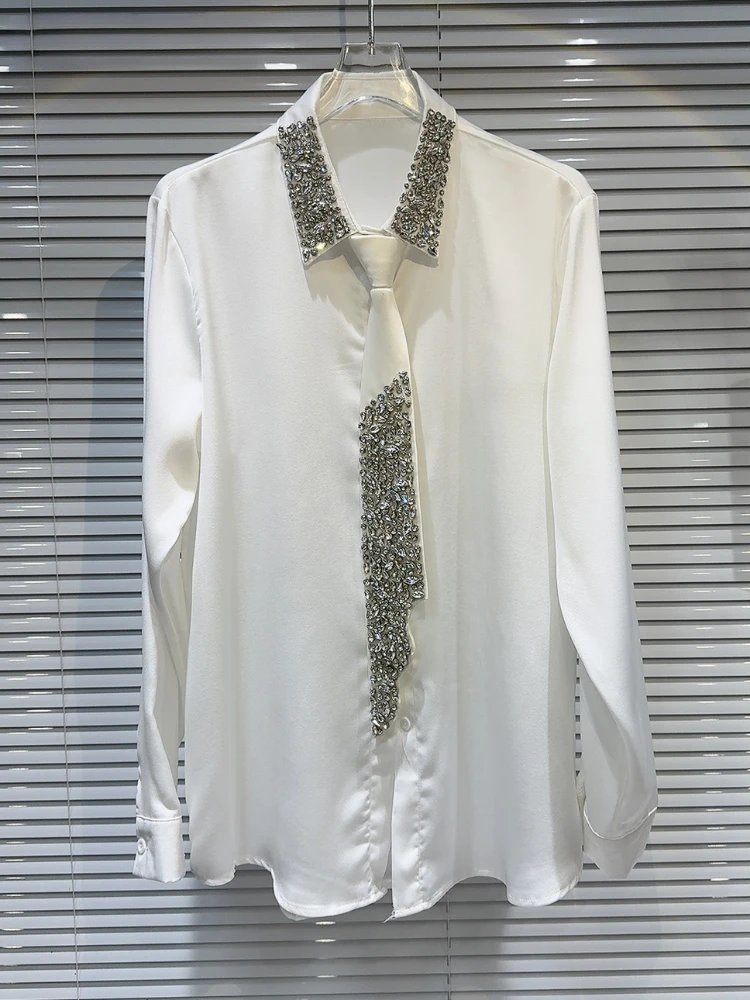2024 New Heavy Industry Particles Rhinestone Beaded Tie Blouse Women Spring New Polo Collar Black Long Sleeve Shirts Female