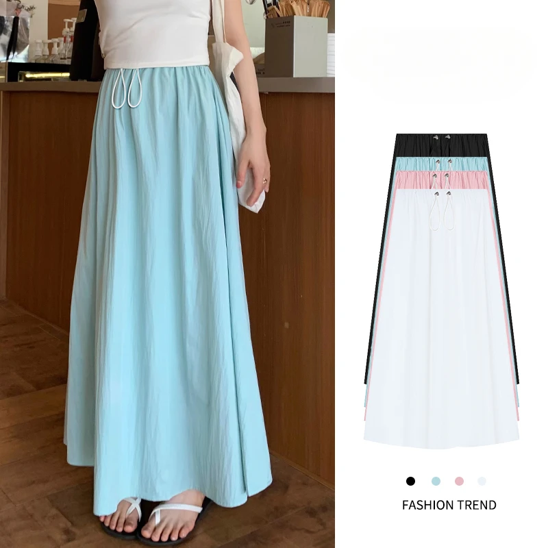 Summer Korean Style Maternity Cotton Long Skirts Solid Color Drawstring Waist Large Hem Plus Size Pregnant Woman Umbrella Skirt