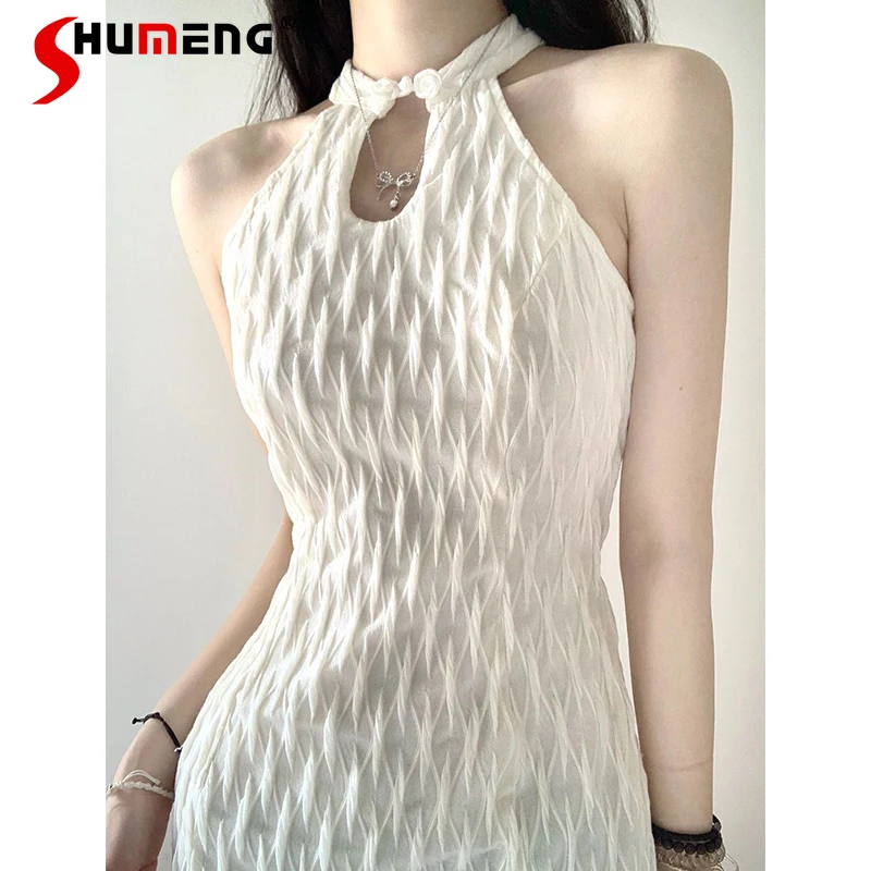 

Retro Buckle Improved Cheongsam Dress Summer Design Sense Niche Temperament Waist-Controlled Slimming Halter Suspender Dress