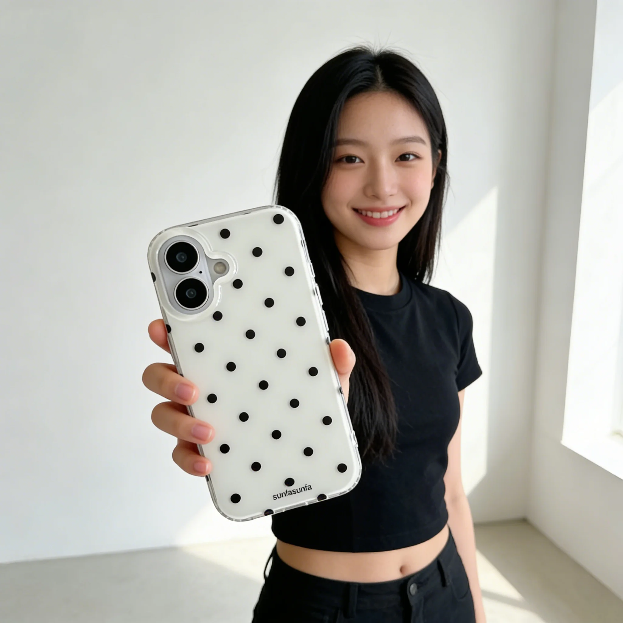 Chic Black & White Polka Dot Phone Case with Feather Texture Back Cover