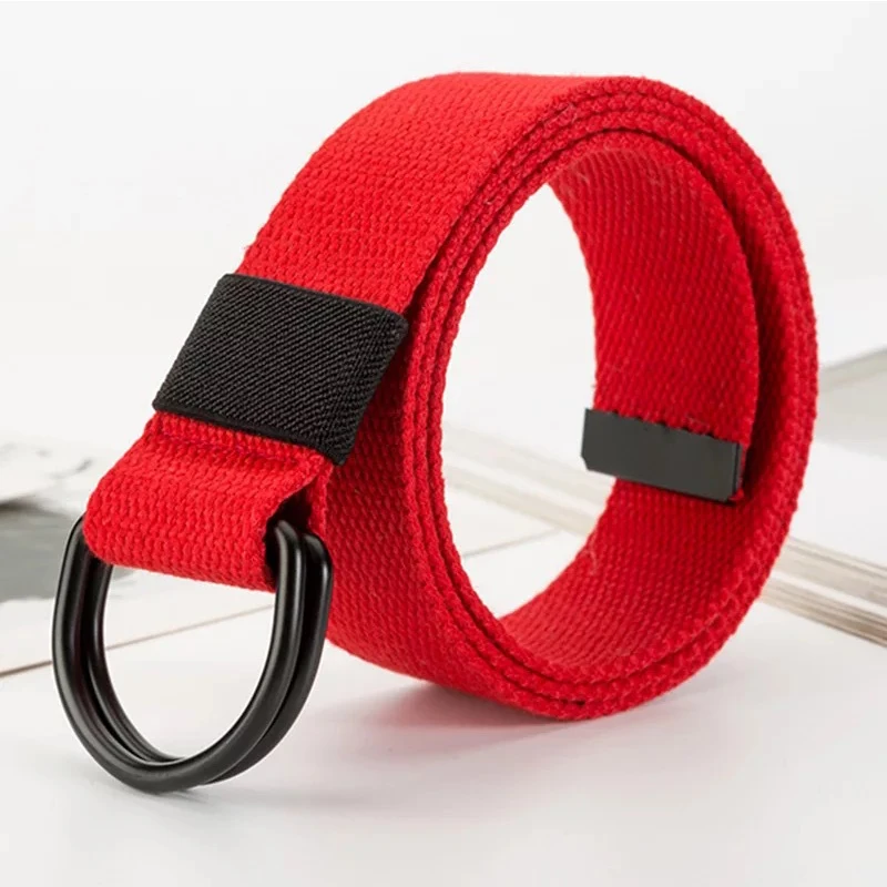 Women Men Tactical Canvas Belt Double D-Ring Buckle Long Unisex Waist Strap Webbing Waistbands Solid Color Nylon Waist Belt