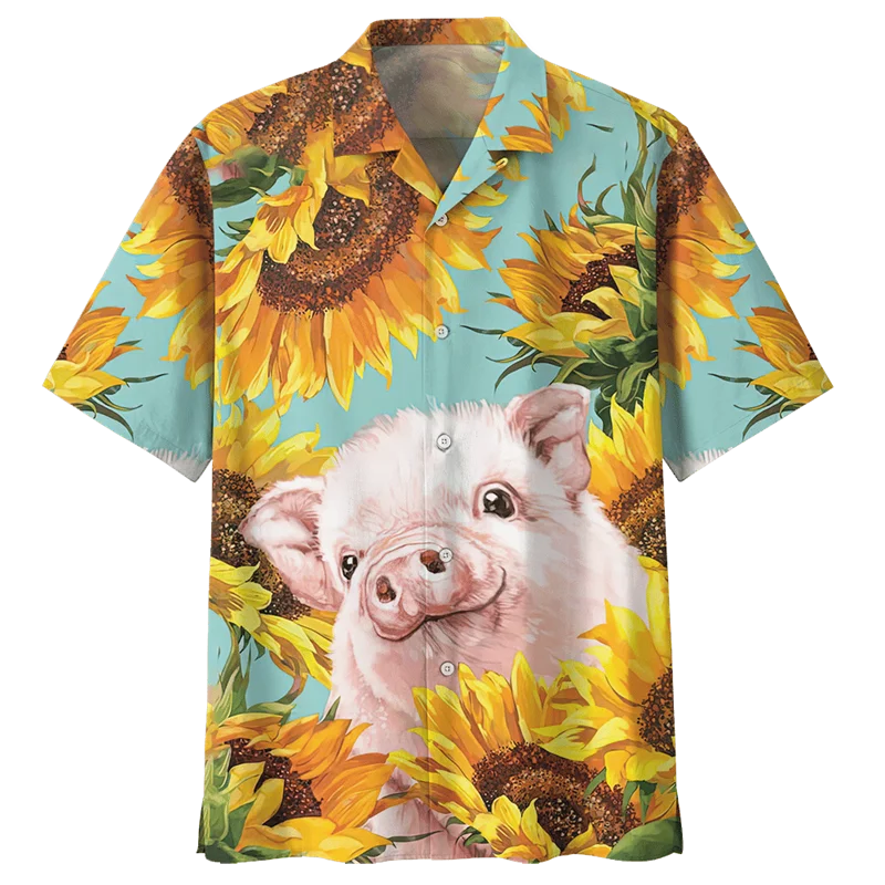 

Cartoon Pig Pattern Hawaiian Shirt For Men 3D Printed Animals Short Sleeves Summer Lapel Casual Shirts Street Button Blouses