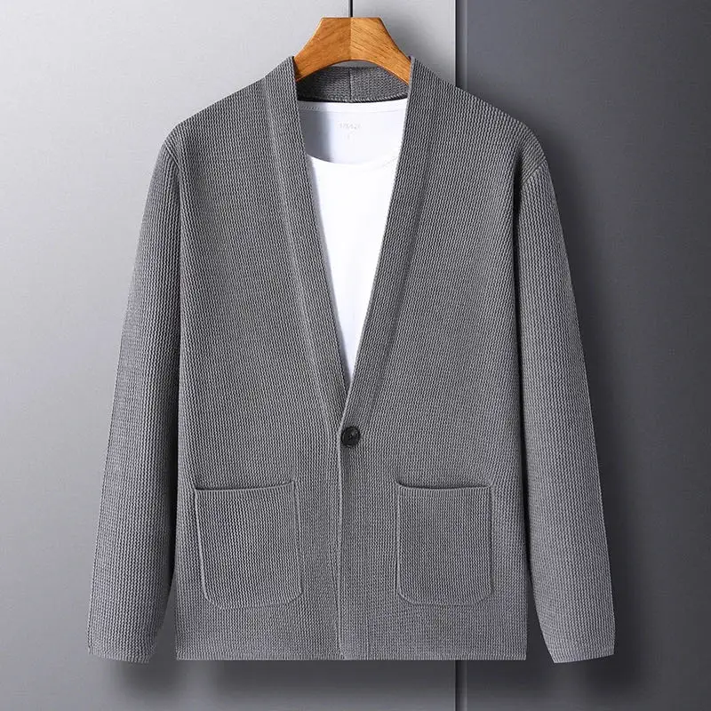

High end men's brand solid color cardigan sweater 2023 autumn Korean version fashionable V-neck casual knit sweater pocket coat