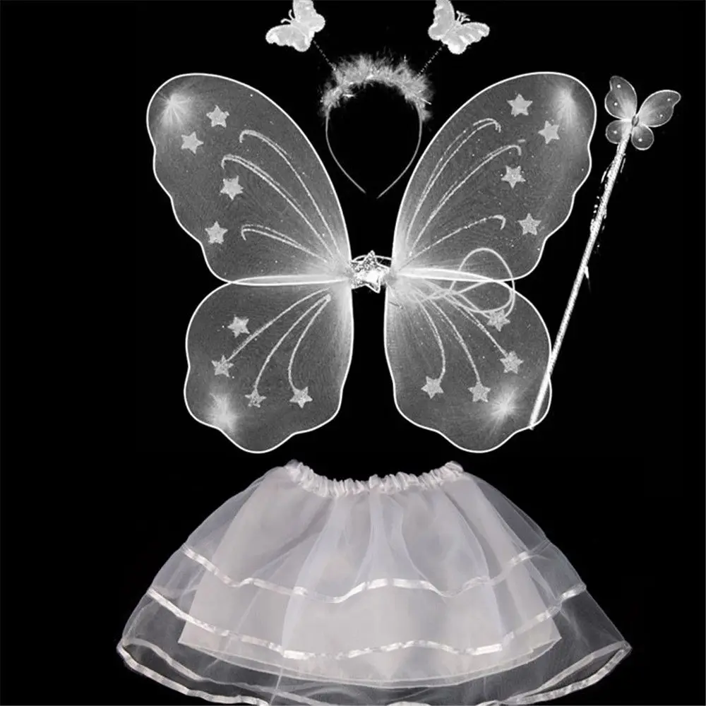 Colorful Kids Girls Fairy Princess Costume Sets Stage Wear Butterfly Wings Wand Headband Tutu Skirts 4Pcs