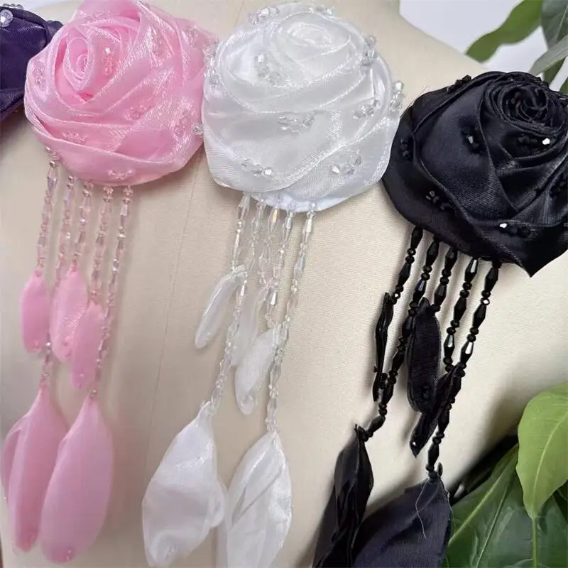 수제 비즈 아플리케 오간자 크리스탈 카멜리아 꽃, 브로치, 신발, 모자, 가방, 장 3D 장미꽃