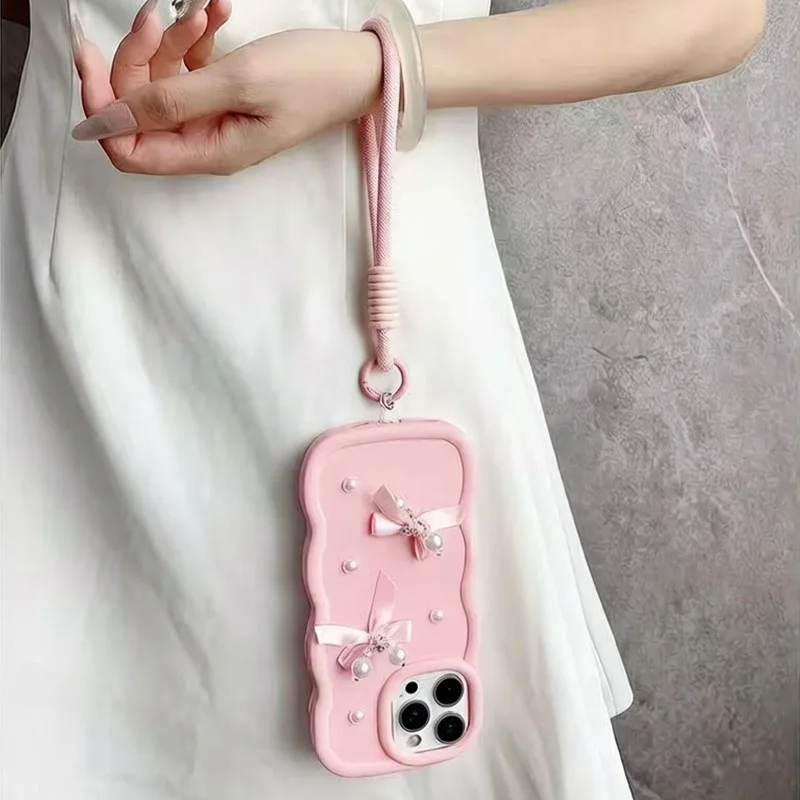 Charming Pearl Bowknot Soft Lanyard Phone Case