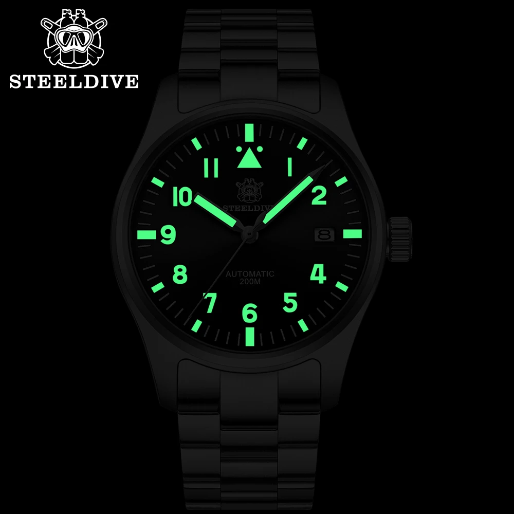 STEELDIVE SD1940 39mm 200m NH35A Automatic Dive Pilot Men Watches Sapphire Glass Green Luminous Dial Rubber Strap Screw Crown