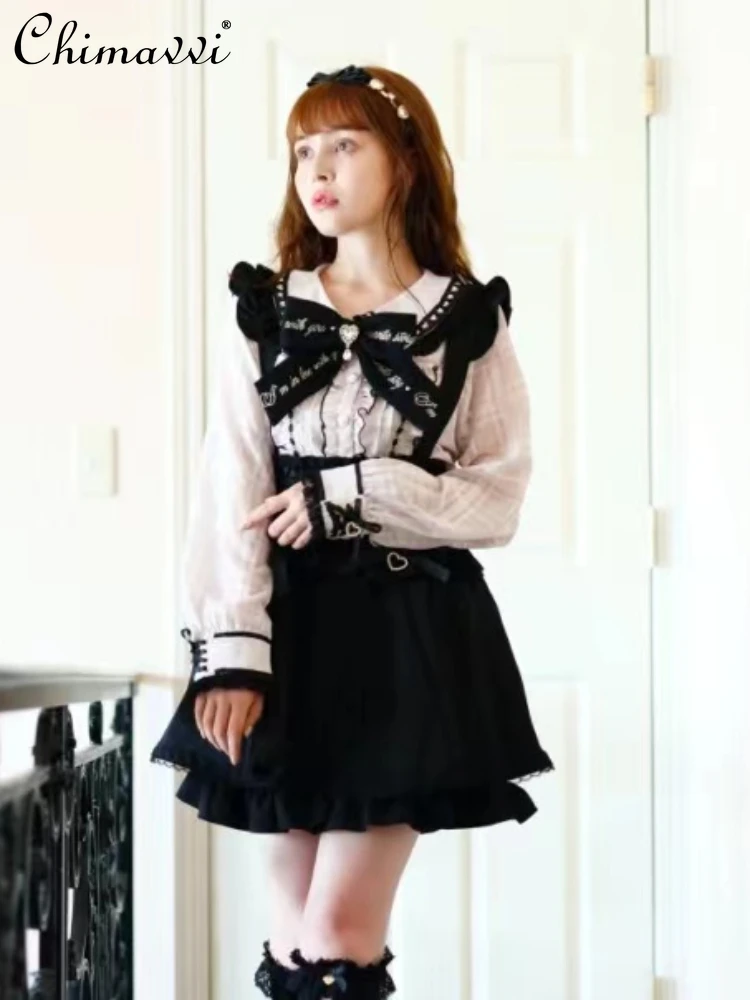 Sweet Cute Japanese Style Women's Beautiful Shirt 2023 Autumn Embroidered Bow Sail Collar Lace Long Sleeve Slimming Blouse