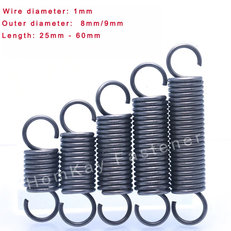 

5/10/15/20 Pcs Hook Tension Spring 1mm Pullback Spring Coil Wire Dia 1mm*Outer Dia 8mm/9mm*Length 25-60mm