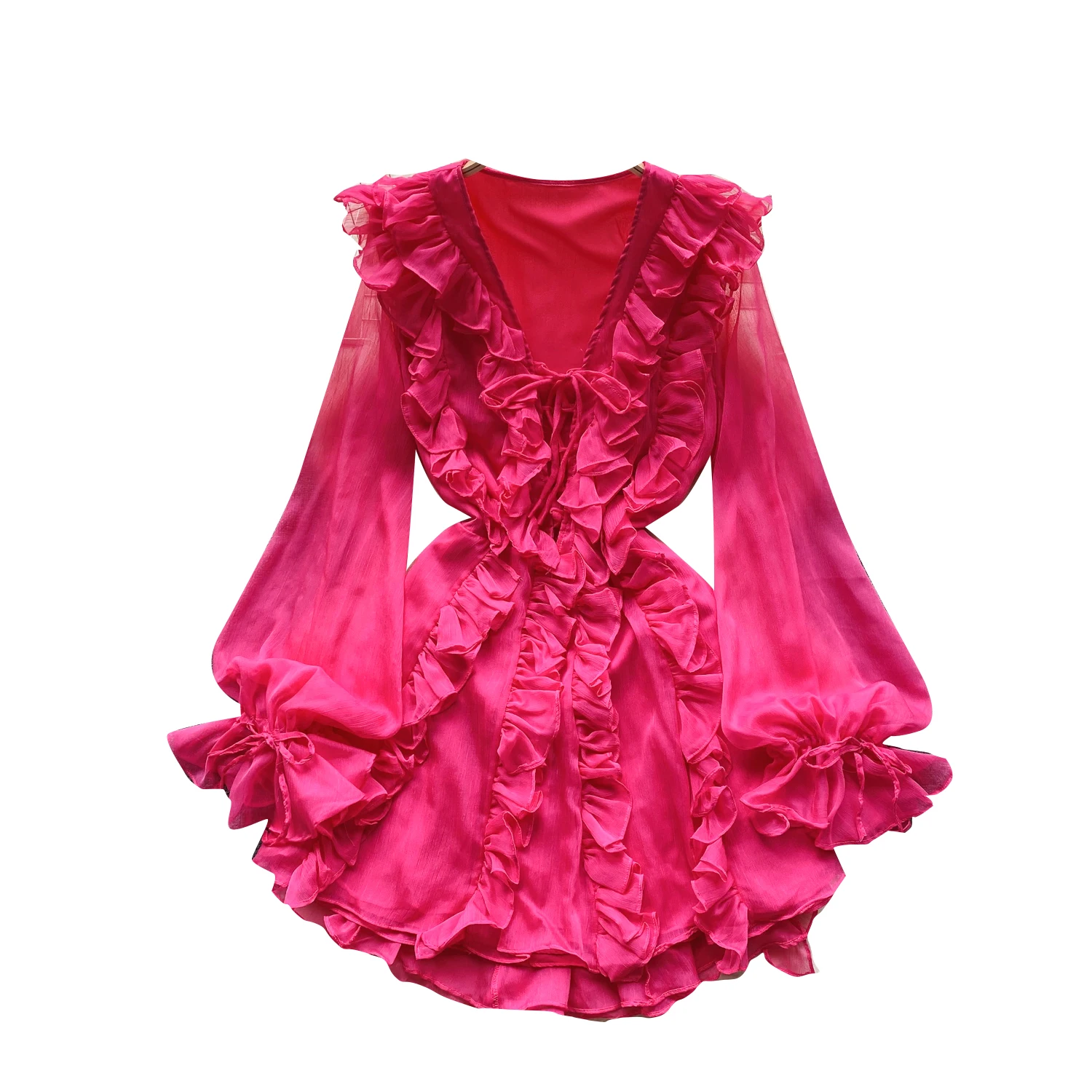 

French Retro Mesh A-line Short Dress for Women New Fashion Autumn Wooden Ear V-neck Long Sleeve Celebrity Casual Vestidos L424