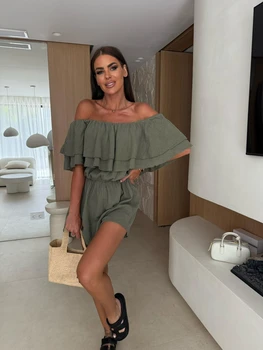 Women's Off Shoulder Ruffled Layered Romper Casual Short Jumpsuit for Summer Daily Wear and Beach Outings 1