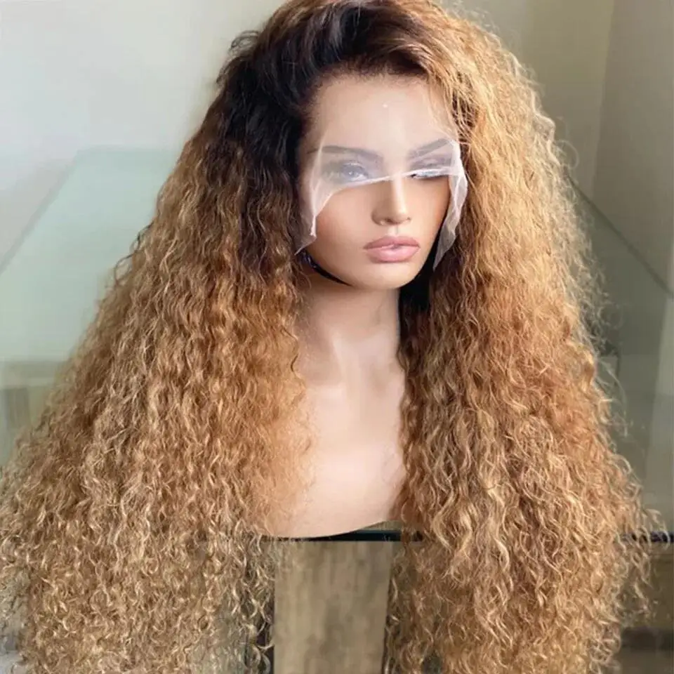 

Soft Long 26lnch180Density Ombre Brown Glueless Kinky Curly Lace Front Wig For Women With Baby Hair Synthetic Preplucked Daily