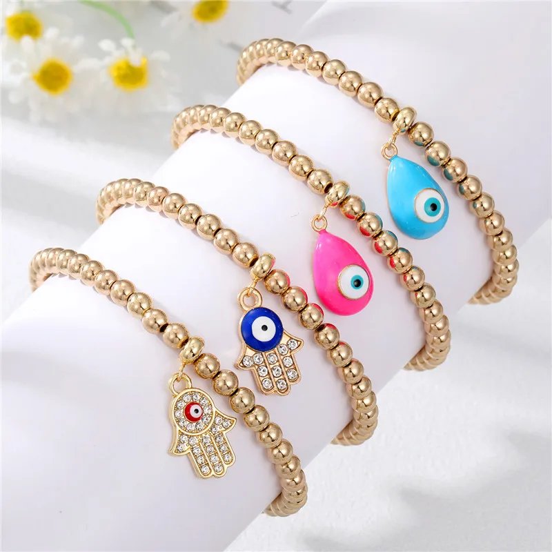 

Gold Color Round Bead Waterdrop Evil Eye Bracelet For Women Bohemia Vintage Turkish Hamsa Hand Pendant Bracelet Jewelry