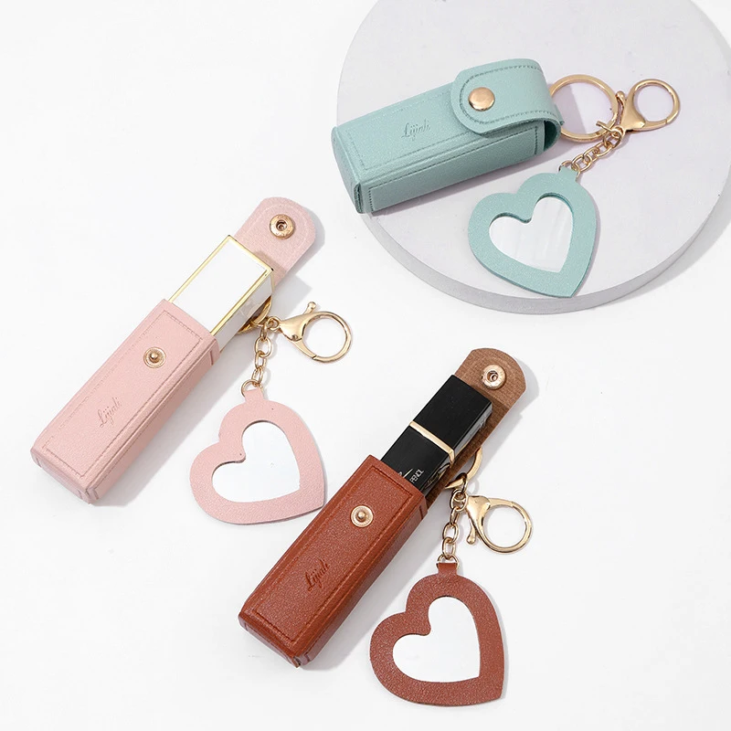 Lippenstift-Tasche, Herz-Spiegel, individuelles Logo, tragbarer Leder-Schlüsselanhänger für Frauen, Schlüsselanhänger, Ring, personalisierter Namens-Schlüsselanhänger – Detail 7