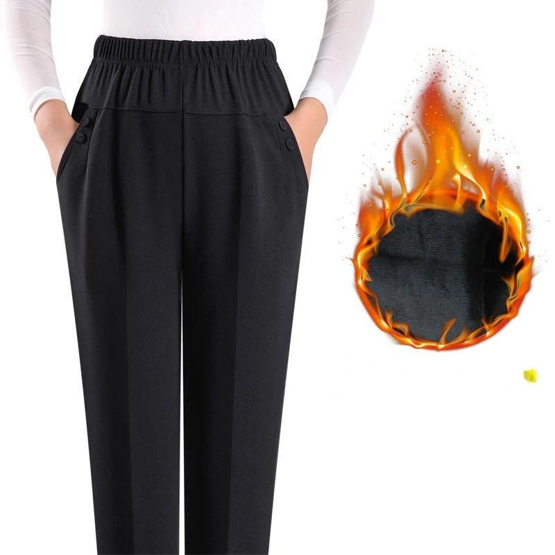 

2023 New Autumn Winter Middle Aged Women Pants Warm Velvet Elastic High Waist Casual Straight Pants Female Trousers T270