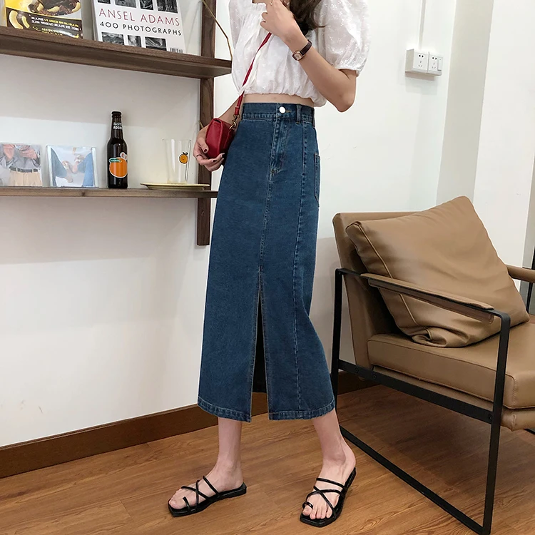 black skirt Ailegogo New Summer Female A Line Mid-Calf Denim Skirts Women Slim High Waist Split Length Skirts  Sizes Causal Jeans Skirts pleated midi skirt