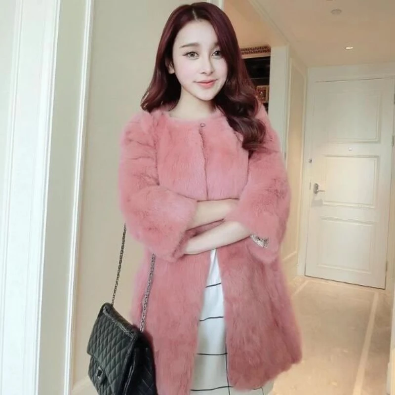 

Winter Woman Real Rabbit Fur Coats Warm Natural Jackets Ladies Fashion Genuine Rex Midi-length Outerwear G773