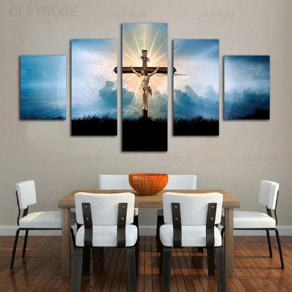 

5 Panels Religious Canvas Painting Jesus Cross Holy Light Faith Modular Picture Nordic Wall Art Poster Home Decor Living Room
