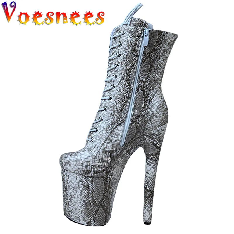 

20CM Pole Dance Shoes Fashion Snake Print Stripper High Heels 10CM Platform Cross Dressing Ankle Boots Side Zip Women Pumps Club