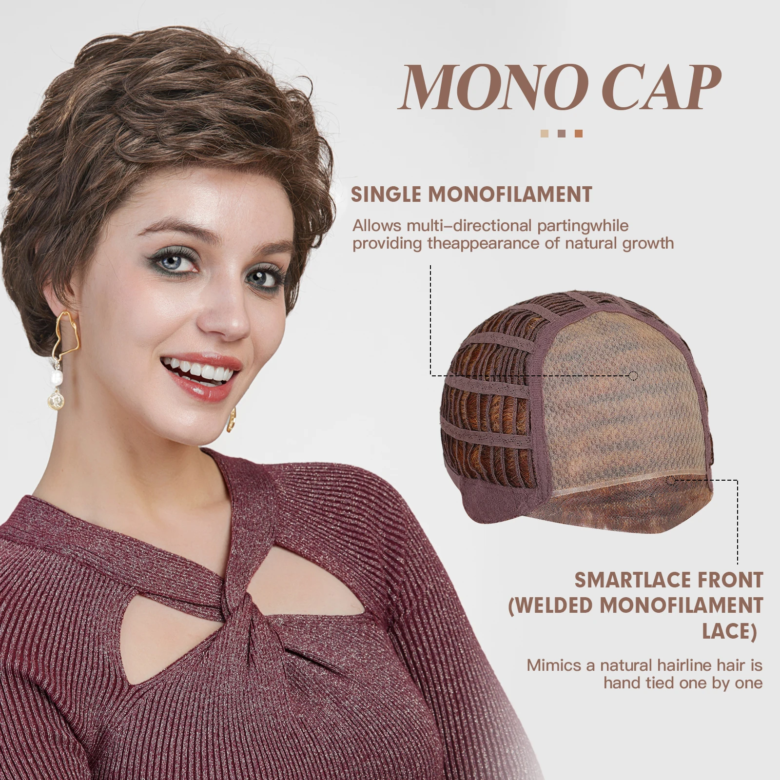 

Brown Curl Layered Monofilament Lace Synthetic Wigs Short Bob Hand Tied Knotless Lace Front Hair Wigs for Women Heat Resistant