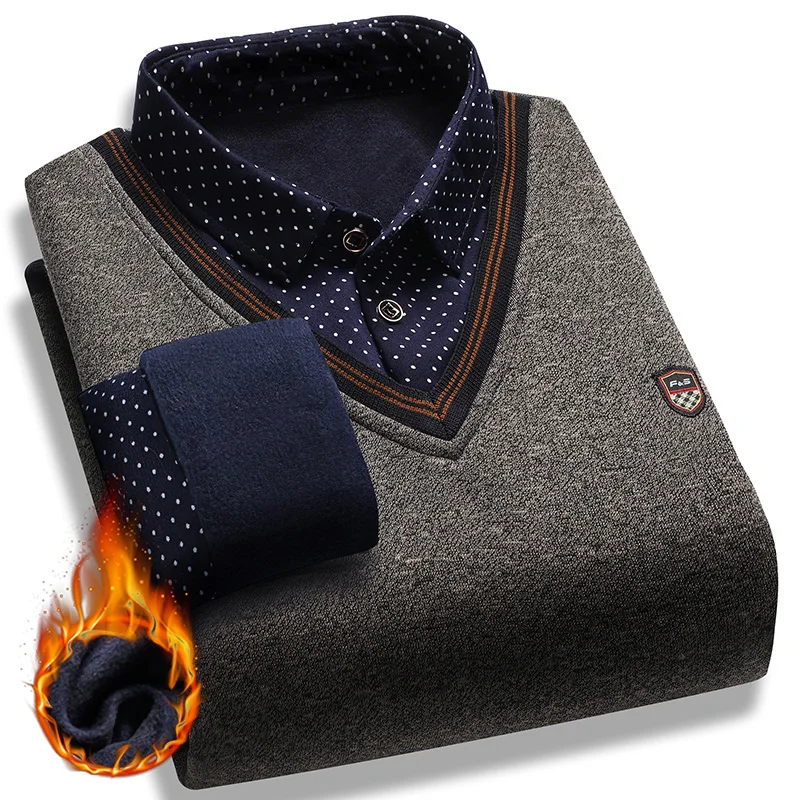 Men's Plush Sweater Autumn Winter Fake Two Piece Pullover Polo Shirt Collar Fleece Thick Warm Top Clothes Casual Jumpers 5