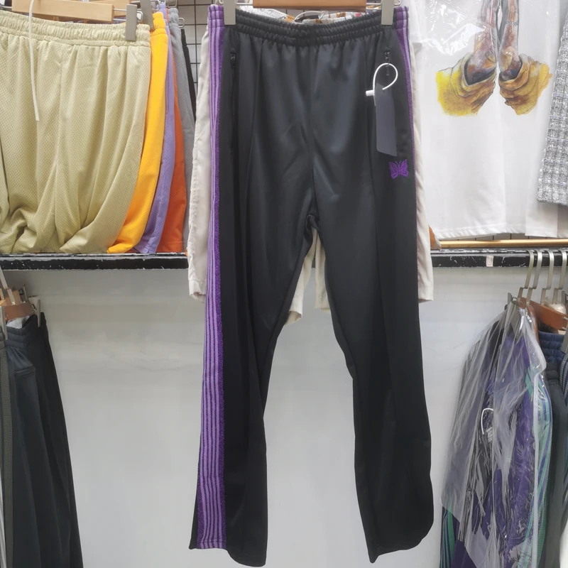 

Real Photos Needles Pants Fluorescent Purple Ribbon Stripe Embroidered Butterfly Needles Track Trousers Casual Sweatpants