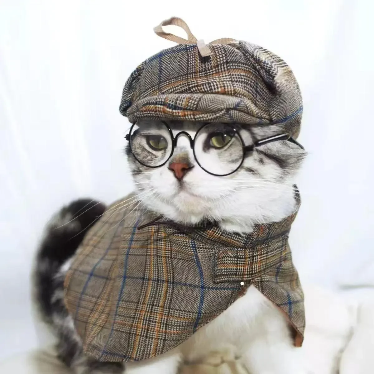 Pet Detective Costume For Cats With Plaid Cloak And Matching Cap