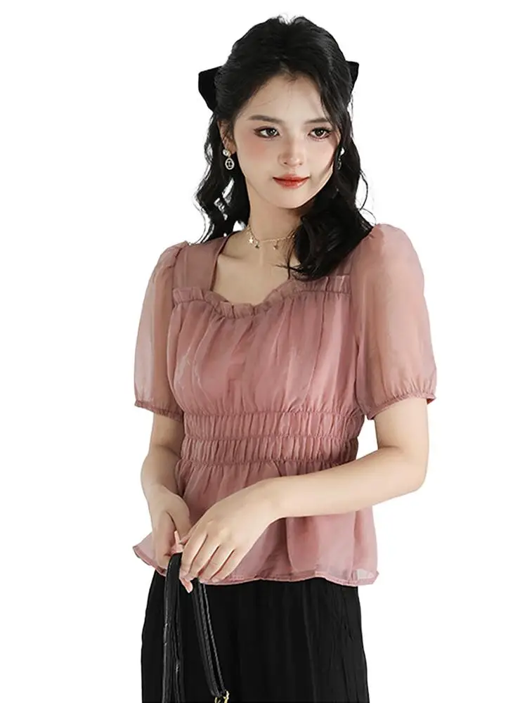 

Light Thin Lyocell Fiber Short-sleeved Shirt for Female Ruffled Design Summer Chic slim Vintage Top Shirt candy color blouse