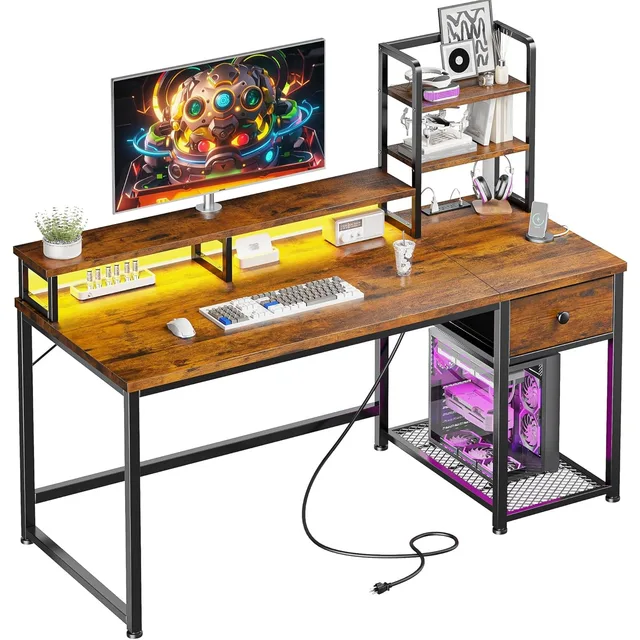 Computer Desk with Hutch and Drawers,Reversible Home Office Desk with Monitor Shelf, Gaming Desks with Power Outlets, Customized