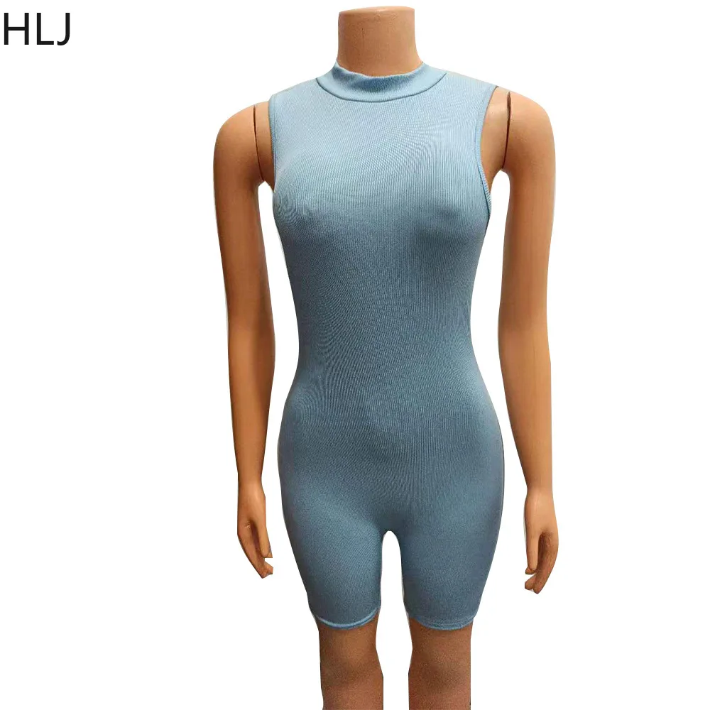 HLJ Summer Solid Color Sporty Rompers Women Round Neck Sleeveless Bodycon Jumpsuits Casual Female Ribber One Piece Overalls 2023