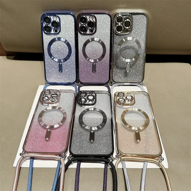 Glitter Magnetic Crossbody Lanyard Phone Case with Magsafe-Compatible Soft TPU Back Cover