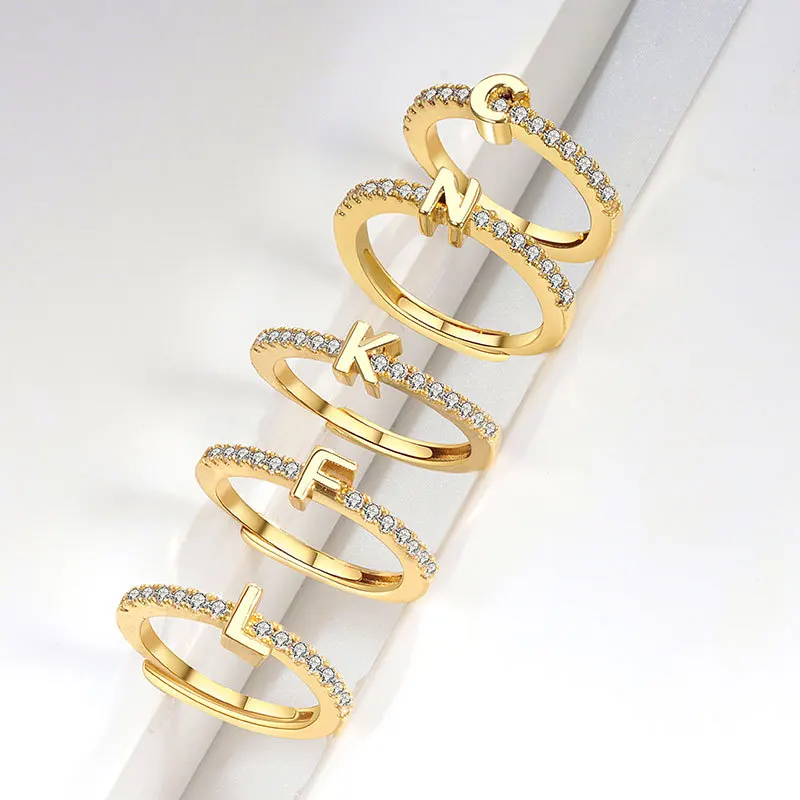 טבעת מתכת כסף 925 עם 26 אותיות באנגלית זירקון ויהלומים, מתכווננת לנשים, מתנה מושלמת לתכשיטים במשלוח ישיר