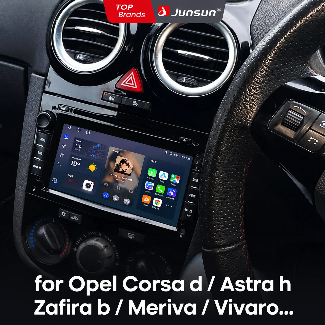 Junsun Radio de Auto con CarPlay Inalámbrico de 7'' para Apple y Android Auto, para Opel Astra, Vectra, Vauxhall Antara, Zafira, Corsa, Vivaro, Meriva, Combo, Tigra, 2DIN, Multimedia, Estéreo, Ventilador de Refrigeración, GPS, SWC, Bluetooth, FM, RDS, DSP, Pantalla IPS, DAB+, Sistemas Inteligentes para Auto, 4G, WiFi, 8 Núcleos